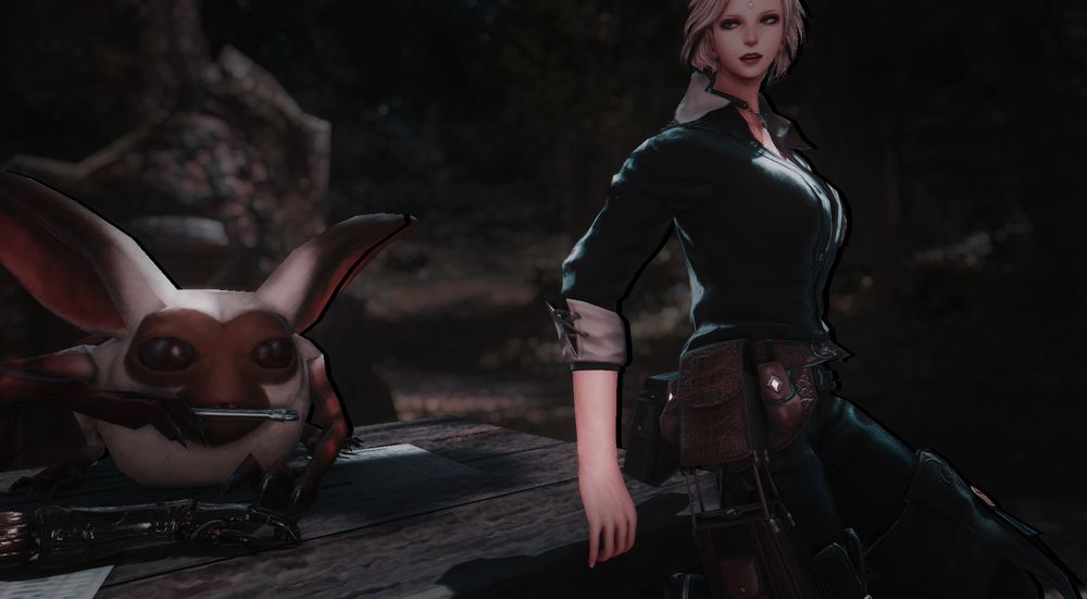 Maia Wiol, a Garlean player character, leaning on a table. On top of that table is gremlin with a wrench in its mouth, seemingly in the process of managing Maia's mechanical arm. 