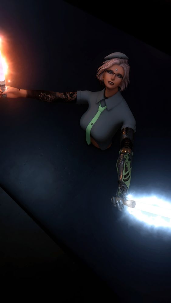 Maia Wiol, a Garlean player character, stuck in wall. She's brandishing red and white light sticks. Her smile hides pain. 