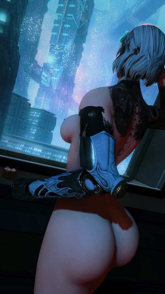Maia Wiol, a Garlean player character, standing naked by a Solution 9 window with a whiskey glass next to her 
