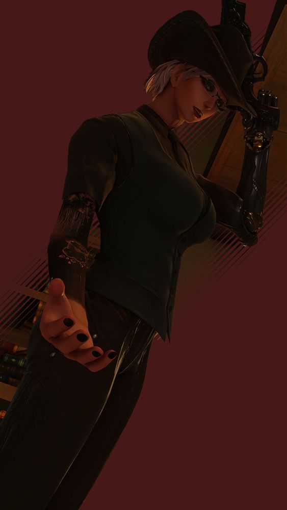 Maia Wiol, a Garlean player character, holding a gun in her left hand while extending her right hand to camera. She's wearing a cowboy hat. Yeehaw pardner.