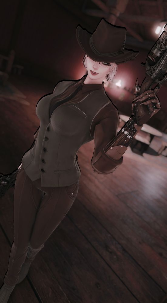 Maia Wiol, a Garlean player character, holding two guns in her hands. She's wearing cowboy hat. 