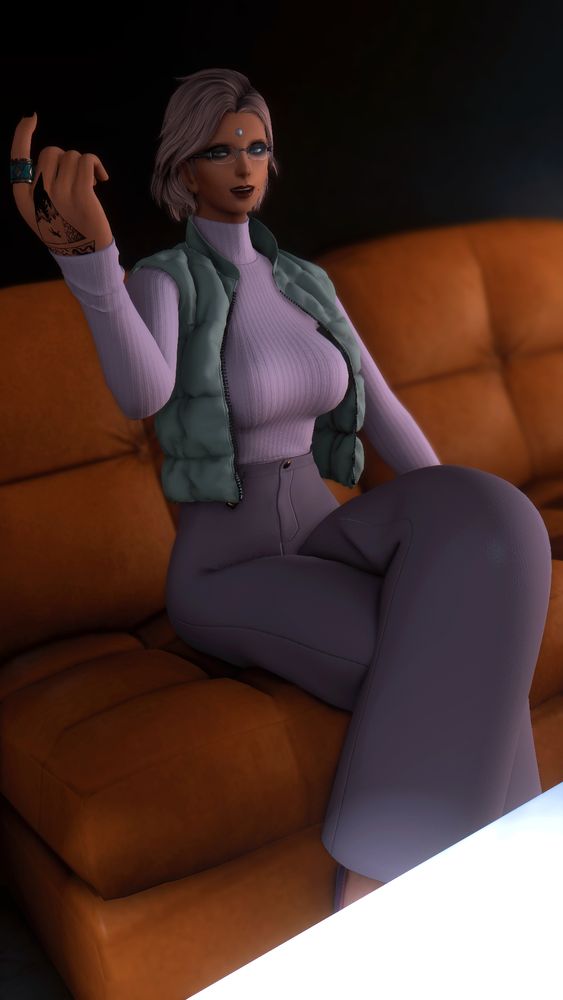Maia Wiol, a Garlean player character, sitting on a sofa. she's wearing very baggy pants, turtleneck sweater and a vest
