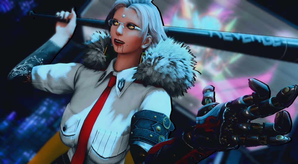 Maia Wiol, a Garlean player character, holding a baseball bat. there's some blood dripping out of her mouth and her eyes are glowing yellow. 