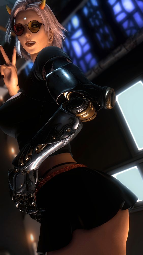 Maia Wiol, a Garlean player character, making a peace sign. She's wearing short skirt, shirt, and [[Number 1 Rated Saleswoman1997]] glasses. Also on her head are orange horns. Karkalicious.
