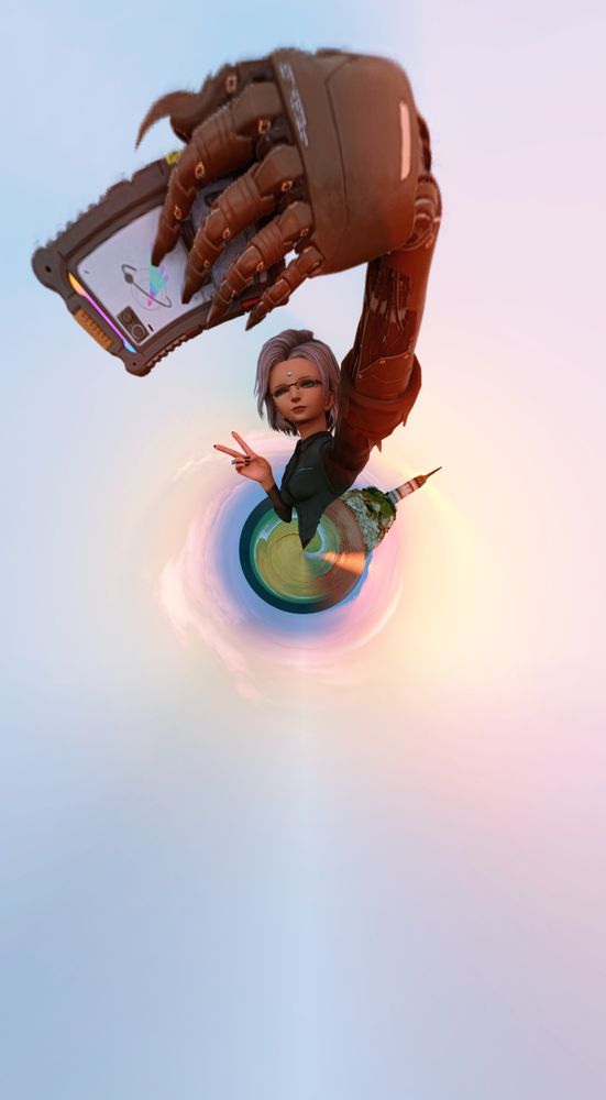 Maia Wiol, a Garlean player character, looking rather comical with reshade's Tiny Planet effect enabled. The area around her is warped into small circle in the middle with her torso extending out of it. She's taking a selfie. 