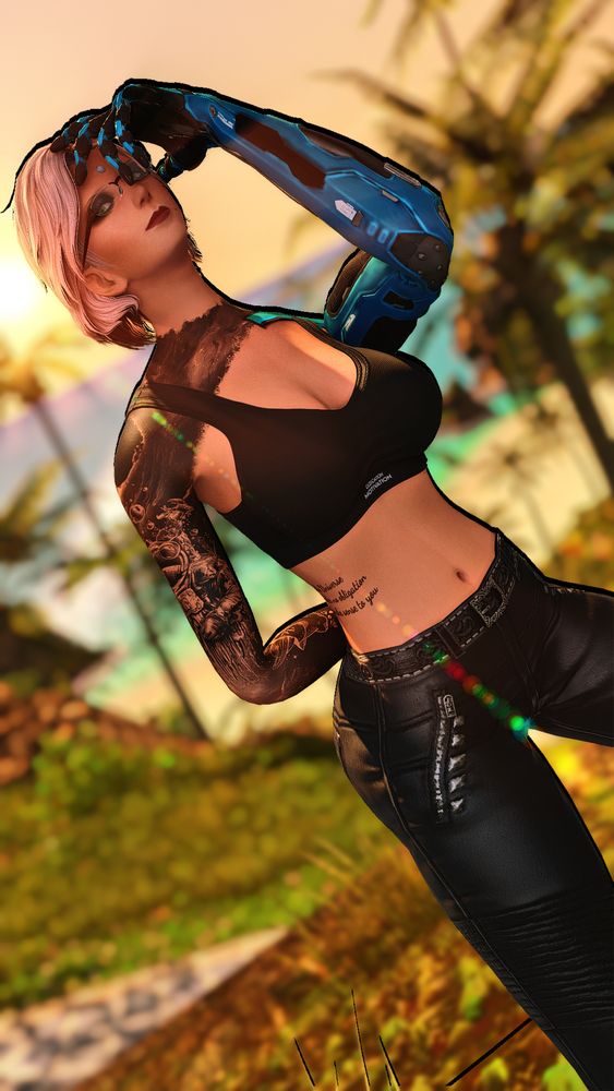 Maia Wiol, a Garlean player character, posing in jeans and tank top during sunny evening. 
