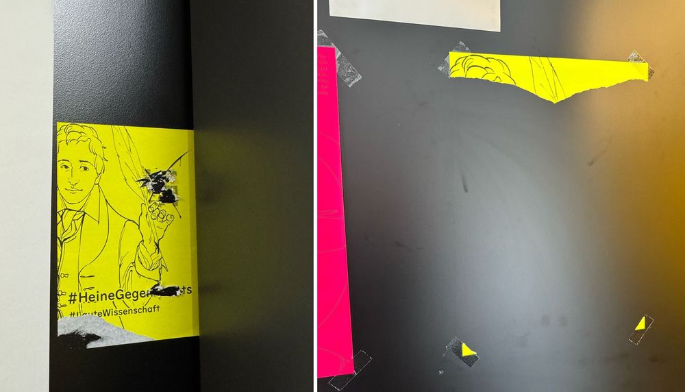 zwei Fotos, links: ein Aufkleber, den man wohl erst versucht hat, abzureißen, dann hat man das durchgestrichene Hakenkreuz weggekratzt; rechts die Rest eines abgerissenen Plakates. Aufkleber und Plakat sind gelb und zeigen ursprünglich das gleiche Motiv: Heinreich Heine, der mit einer Schreibfeder ein Hakenkreuz durchstreicht. Dazu die Hashtags "HeineGegenRechts" und "LauteWissenschaft".