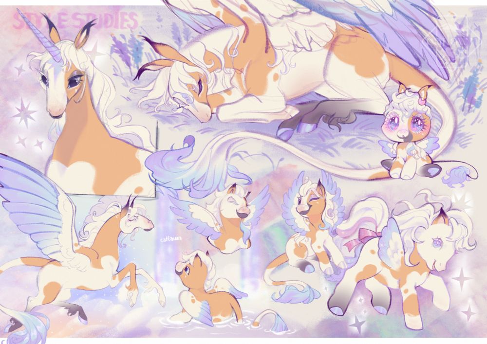 sketch studies of my [oc] pegasus Kolibri, featuring different horse media styles. (i.e. the last unicorn, hercules, fantasia, my little pony, and unico misc.)