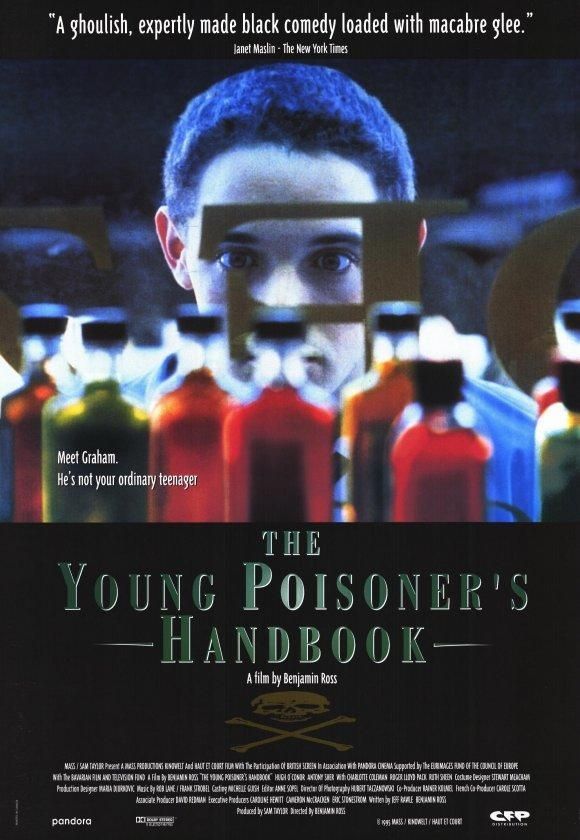 Film poster for The Young Poisoner's Handbook (1995). A young man peers fixedly at an array of bottles of chemicals.