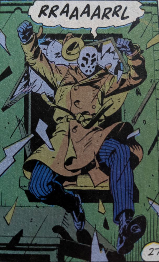 Rorschach crashing through a window in Watchmen and shouting 'RRAAAARL'. Art by Dave Gibbons.