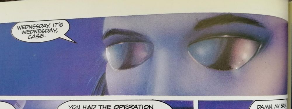 Panel from the Neuromancer graphic novel adaptation drawn by Bruce Jensen, showing the mirror-covered eyes of the character Molly in close-up against a purple background. A speech bubble to the left reads: 'Wednesday. it's Wednesday, Case.'