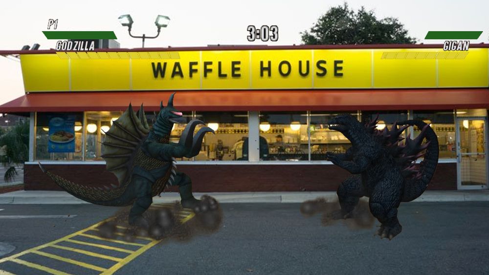 Godzilla 2K and Gigan squaring off in the Waffle House Parking Lot

Happy April Fool's! :D