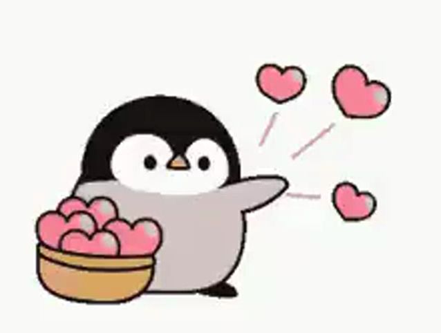 a penguin is holding a basket of hearts and blowing them out of its beak .