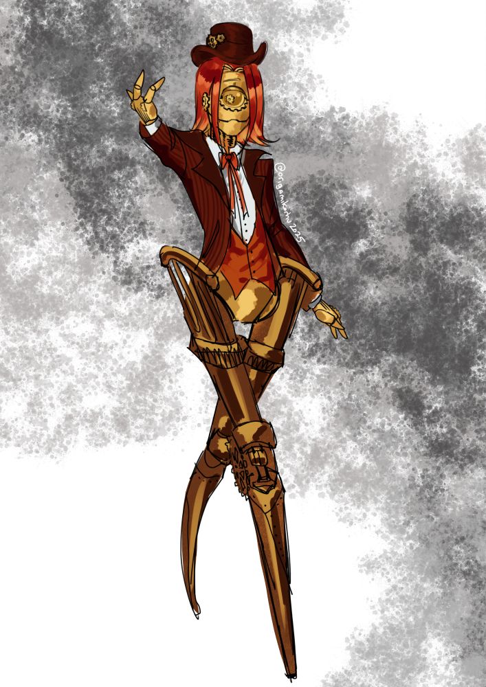 a steampunk alt design for my oc enix. he's made of a golden material, and his hair is red instead of his usual purple. he's wearing a suit coat, a vest and a collared shirt with a bow, and a tophat lay atop his head