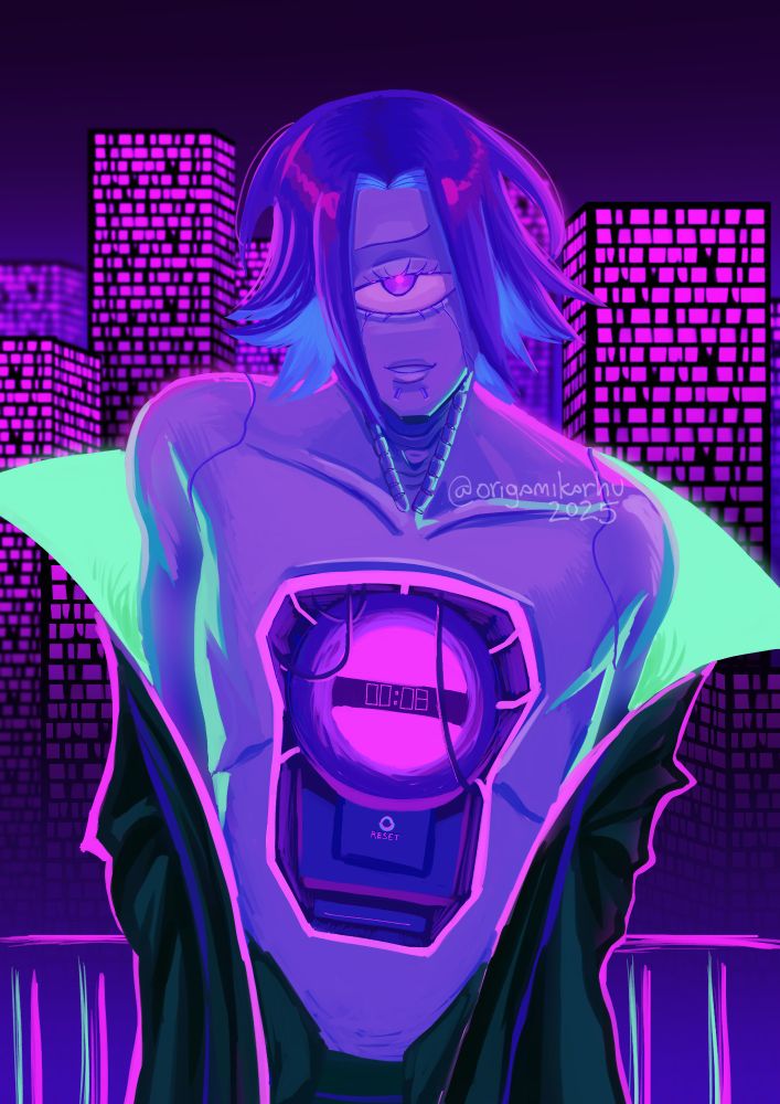 a digital drawing of my oc enix. he's a cyclops. he is also an android which is made evident by the open space in his torso that shows electronic parts. inside of him ticks a bomb, and a screen shows that there's only 8 seconds until it detonates. enix is facing toward the viewer with a defeated, if a bit bashful expression. his jacket is barely hanging on to him, as if he just revealed his grand secret to the viewer. there is a bright city in the background, and the scene seems to be taking place on top of a tall building