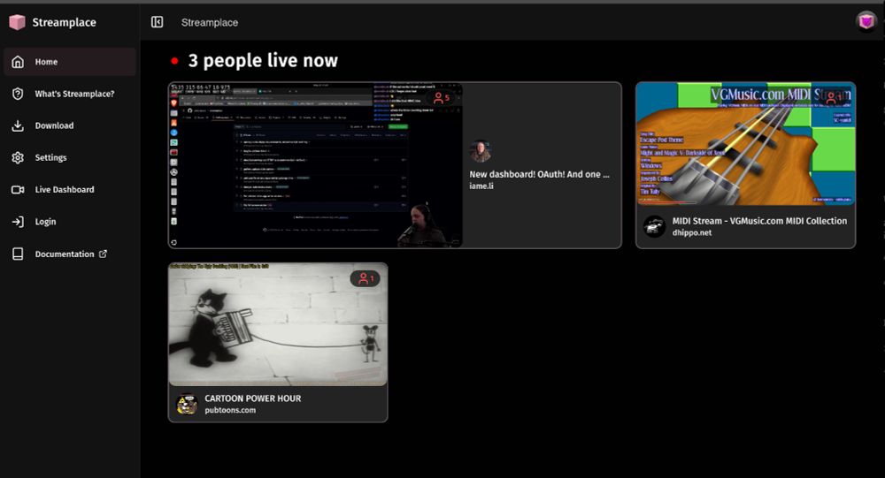 Streamplace homepage with three streams live