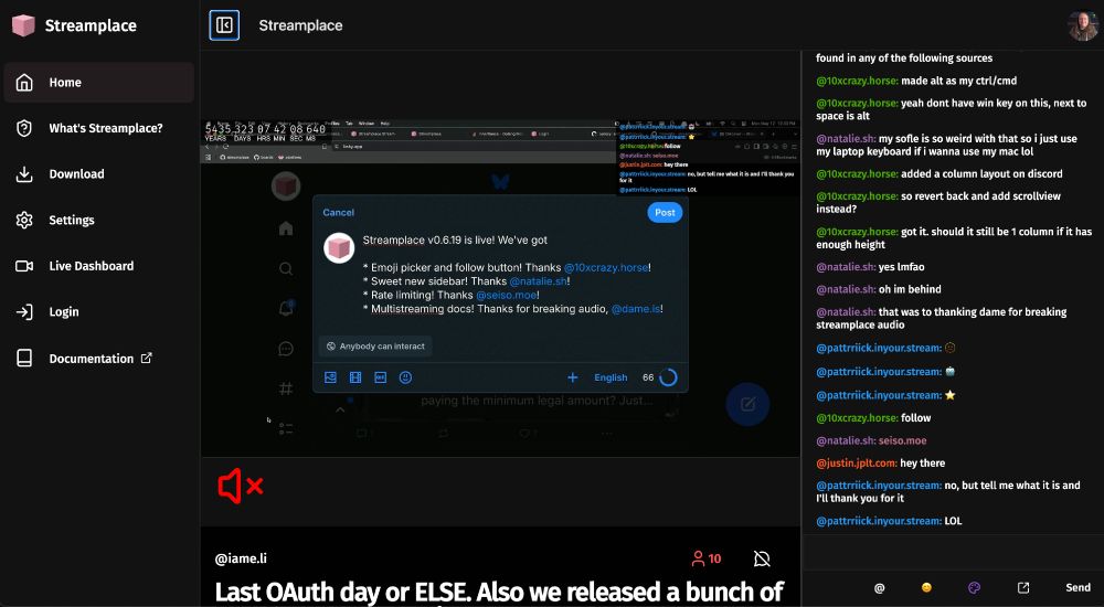 Screenshot of a Streamplace stream showing the aforementioned features. Chat has people discussing the features that we should mention in this post and who we should credit