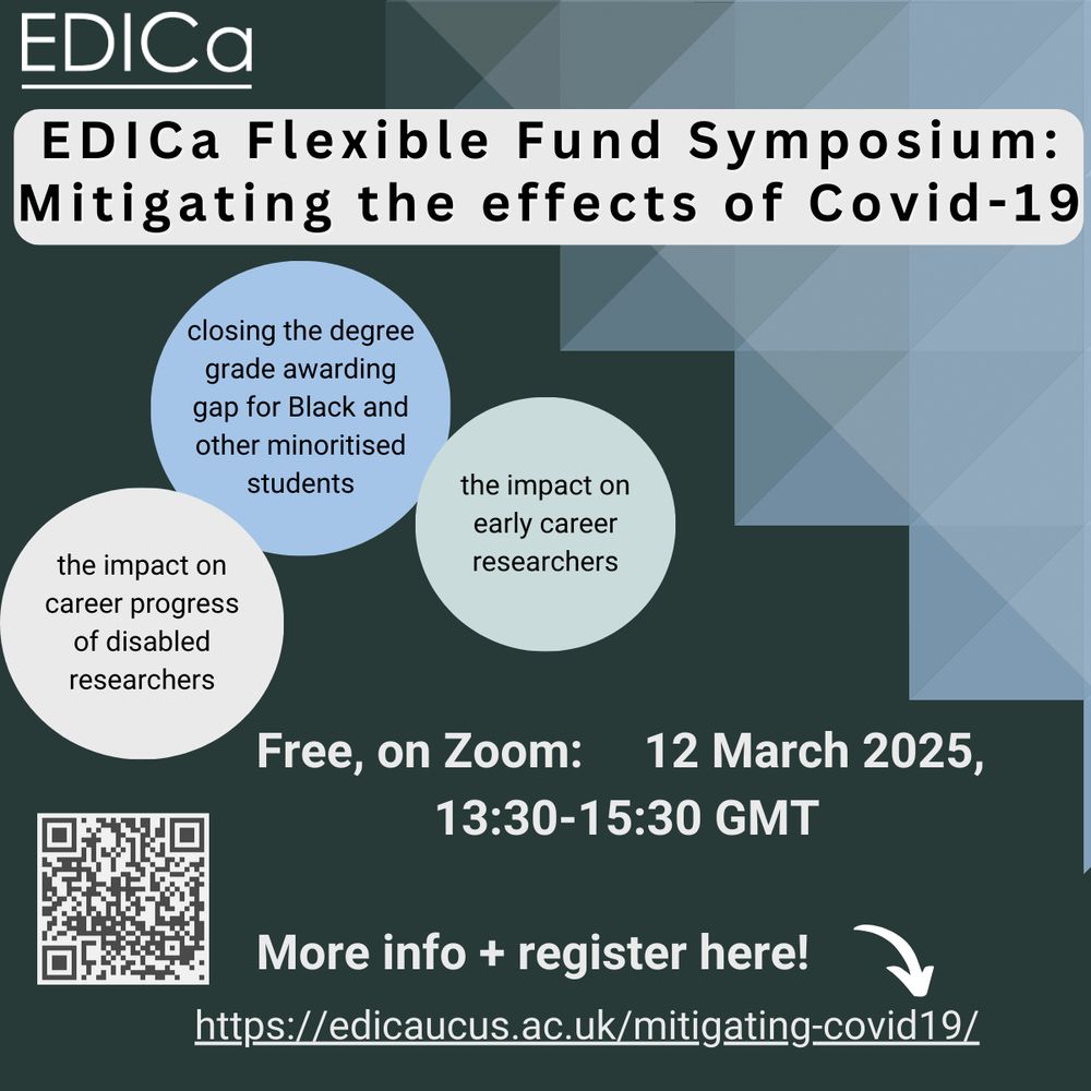EDICa Flexible Fund Symposium: Mitigating the effects of Covid-19. Free on zoom 12 March 13:30-15:30 GMT. More info and register at link and QR code. 
3 circles have 3 topics - Closing the degree grade awarding gap for Black and other minoritised students. The impact on early career researchers. The impact on career progress of disabled researchers.  EDICa logo in top left corner.