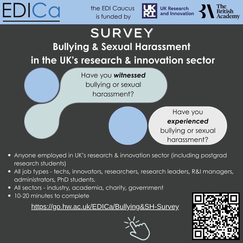 EDICa logo, funded by UKRI and British Academy. SURVEY. Bullying & sexual harassment in the UK's research & innovation sector. Have you witnessed bullying or sexual harassment? Have you experienced bullying or sexual harassment? Anyone employed in UK's R&I sector (including postgrad research students). All job types - techs, innovators, researchers, research leaders, R&I managers, administrators, PhD students. All sectors - industry, academia, charity, government. 10-20 minutes to complete. URL and QR code.