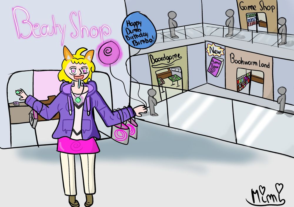 A reworked version with better lighting of a drawing (Here the old Alt : "Sydney, coming out of a Beauty Shop in a mall, with hypnotic items in 3 separte bags")