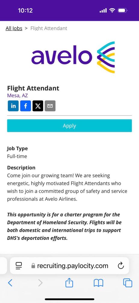 Job posting for full time flight attendant based in Mesa, Arizona, with avelo airlines:

Description
Come join our growing team! We are seeking energetic, highly motivated Flight Attendants who wish to join a committed group of safety and service professionals at avelo airlines.

This opportunity is for a charter program for the Department of Homeland Security. Flights will be both domestic and international trips to support DHS's deportation efforts. 