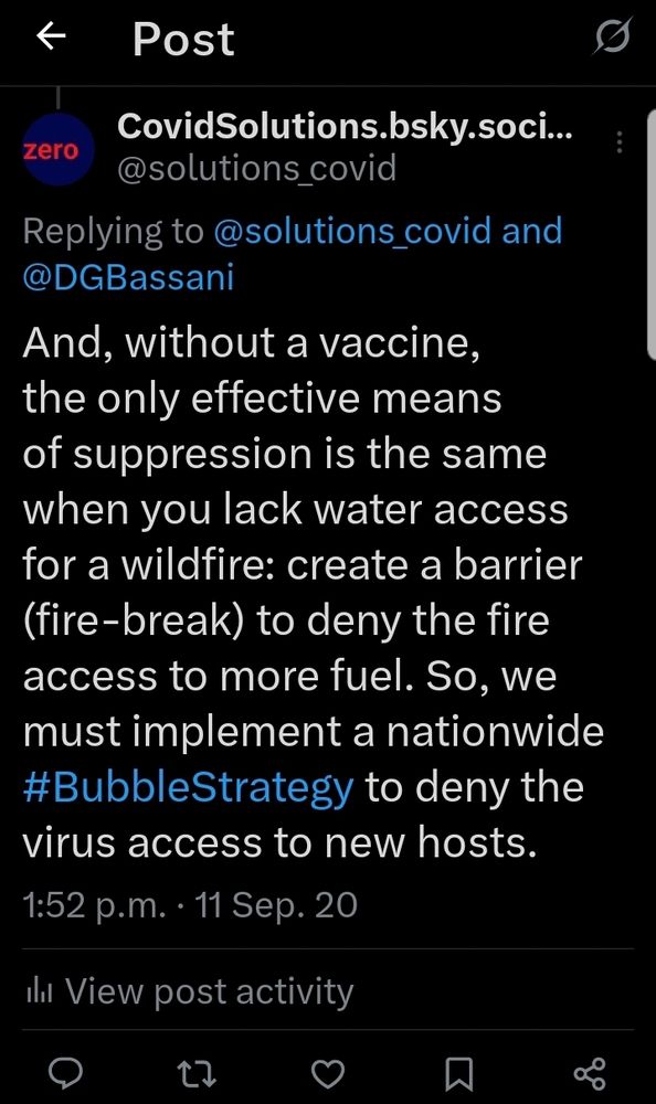 Text from a 2020 CovidSolutions tweet: "And, without a vaccine, the only effective means of suppression is the same when you lack water access for a wildfire: create a barrier (fire-break) to deny the fire access to more fuel. So, we must implement a nationwide #BubbleStrategy to deny the virus access to new hosts."