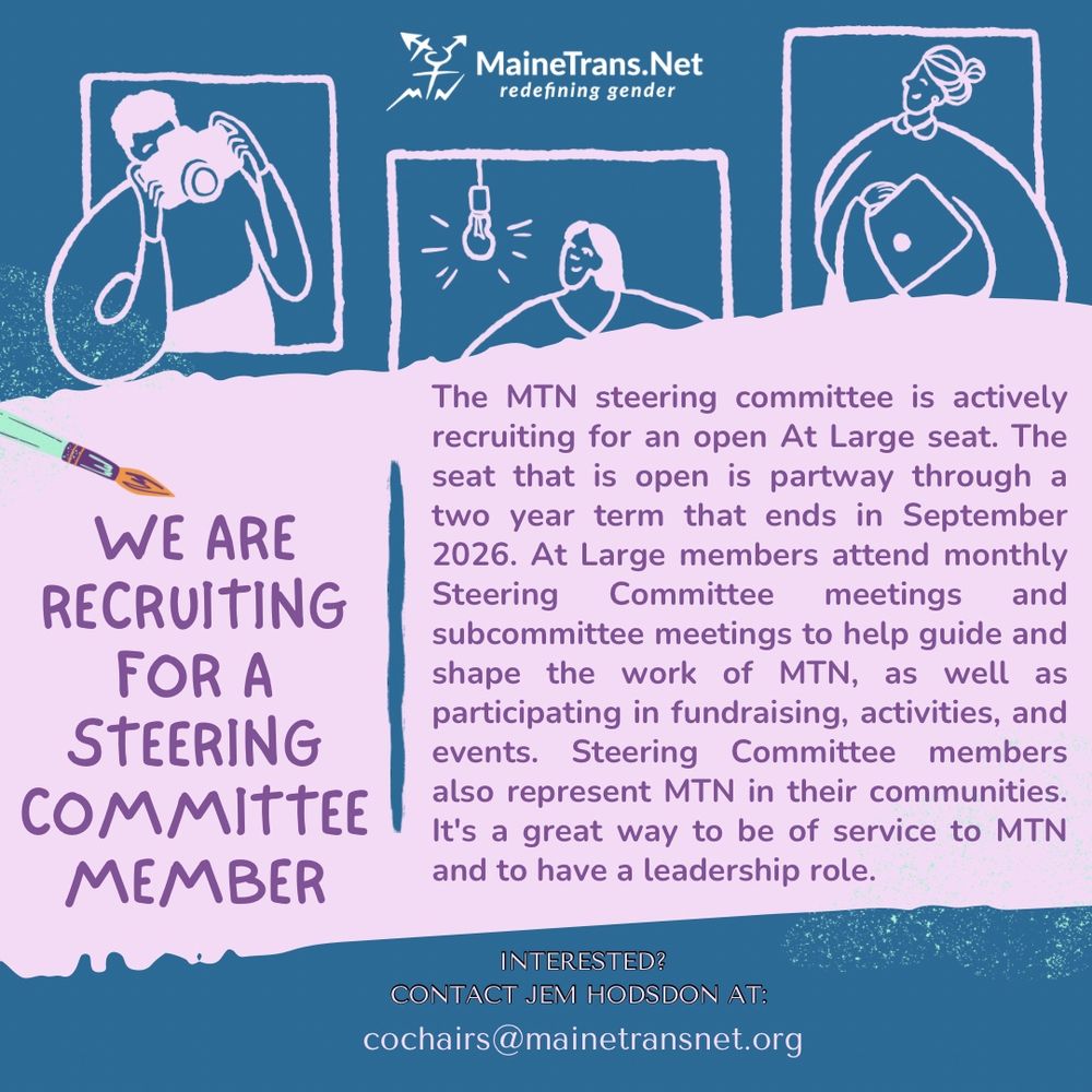 On a lilac background, dark purple text reads:
WE ARE RECRUITING FOR A STEERING COMMITTEE MEMBER
The MTN steering committee is actively recruiting for an open At Large seat. The seat that is open is partway through a two year term that ends in September
2026. At Large members attend monthly Steering Committee meetings and subcommittee meetings to help guide and shape the work of MTN, as well as participating in fundraising, activities, and events. Steering Committee members also represent MTN in their communities.
It's a great way to be of service to MTN and to have a leadership role.
INTERESTED?