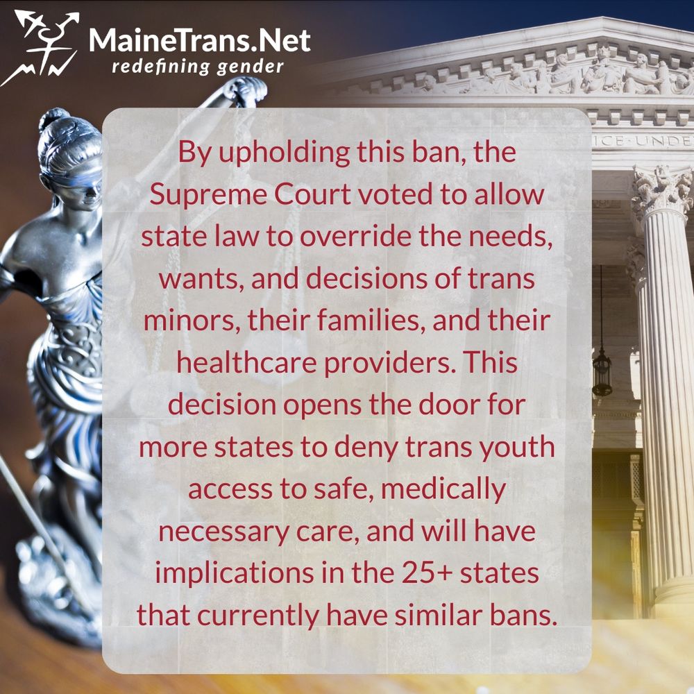 By upholding this ban, the Supreme Court voted to allow state law to override the needs, wants, and decisions of trans minors, their families, and their healthcare providers. This decision opens the door for more states to deny trans youth access to safe, medically necessary care, and will have implications in the 25+ states that currently have similar bans.