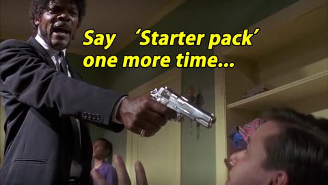 Still of Samuel Jackson scene from pulp fiction where he is pointing his gun at one of the student smokers, instead of the words in the original script he is instead saying: Say Starter pack one more time