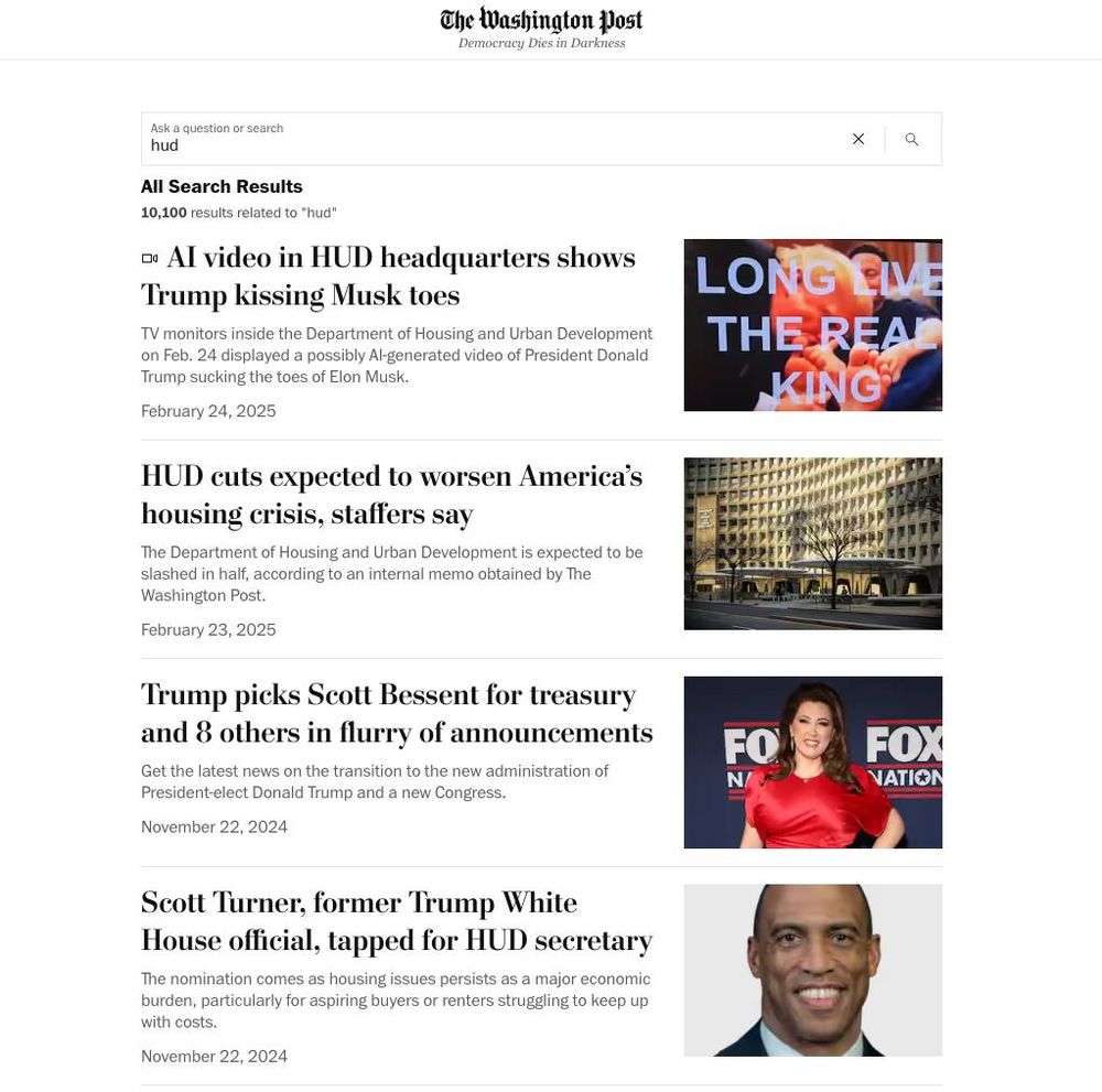WaPo search results for "hud" showing the top result as a story titled "AI video in HUD headquarters shows Trump kissing Musk toes." The image accompanying it is a shot of the video, reading "Long Live the Real King"