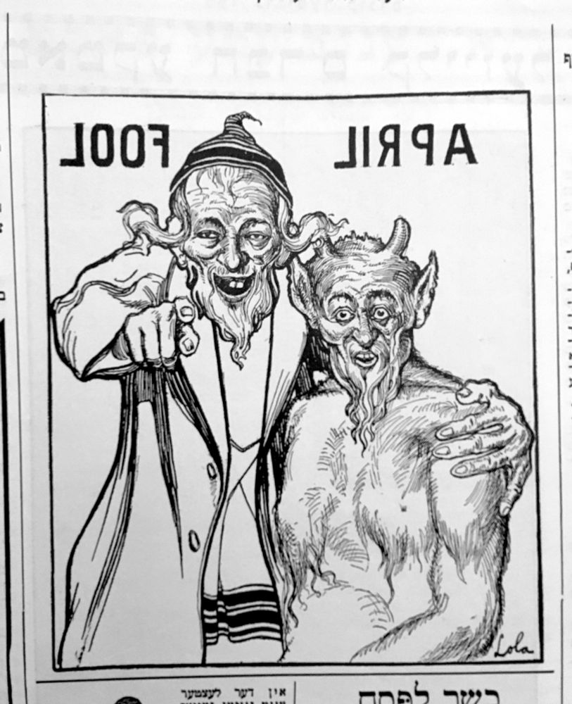 The cartoon from the back of the page: a Jewish jester (the Kundes mascot) and a devil, laughing and pointing at the reader. The caption reads (with backwards English letters, so it would appear forwards when held up to the light from the other side) "April Fool". 