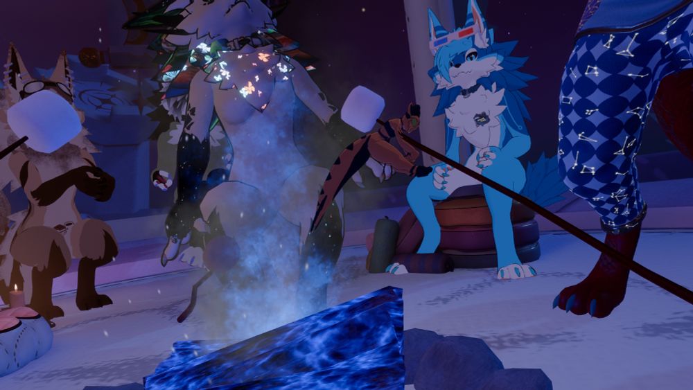 vrchat meet up at furality, my kobold character being impaled on a stick and held over a blue fire with novabeasts surrounding me