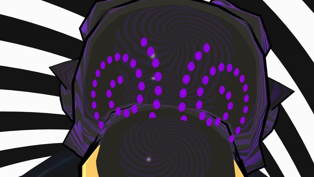 3D kobold model with spiral LED eyes. It is looking at a spiral and it reflects in the shinyness