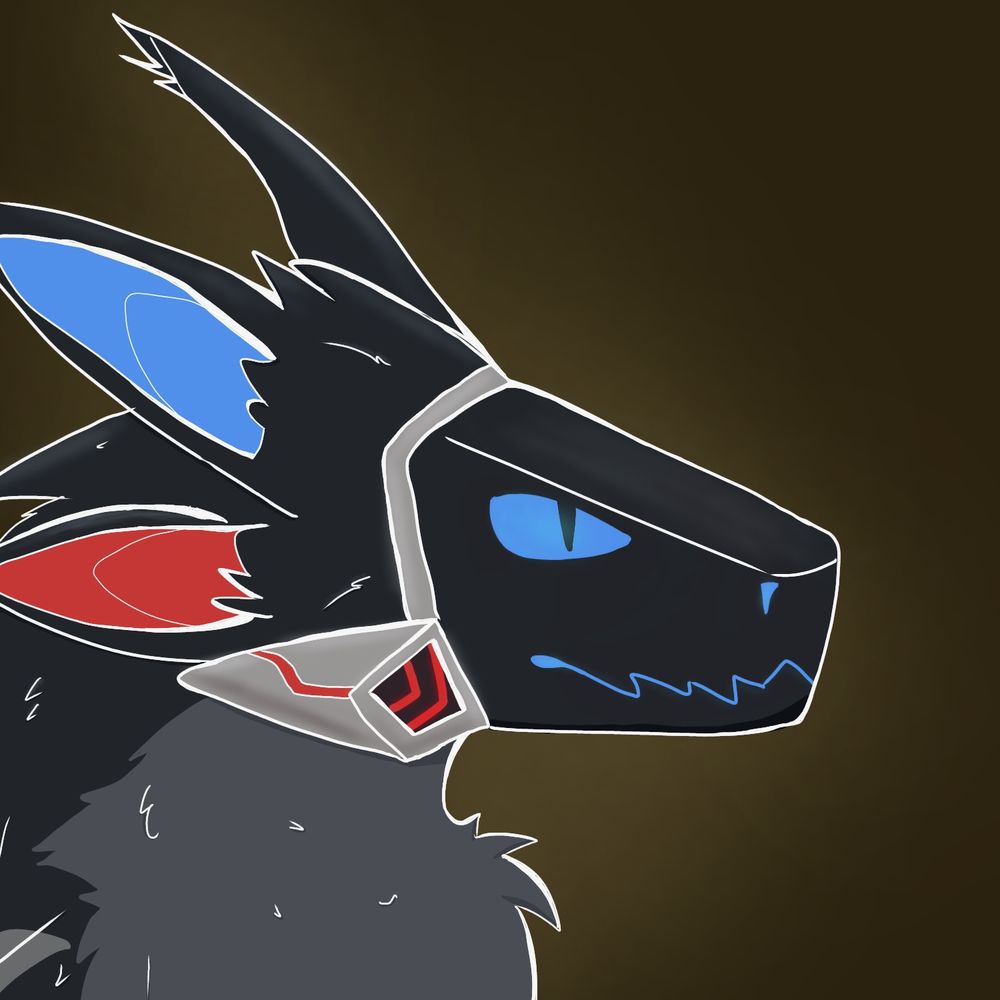 A black and grey protegen with red and blue ears, looking off towards the right.