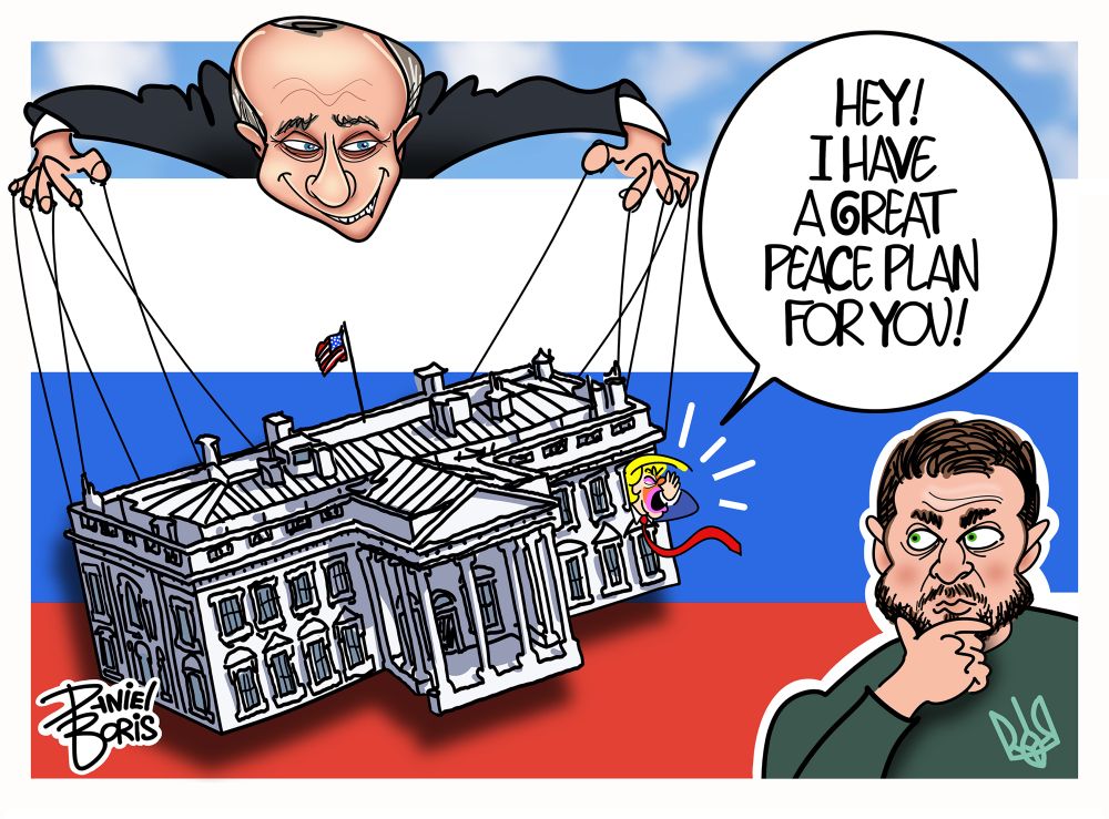 Putin seen as the puppet master with strings attached to a small model of the Shite House. Trump seen sticking head out a window and yelling to Zelenskyy. “Hey! I have a great peace plan for you!”