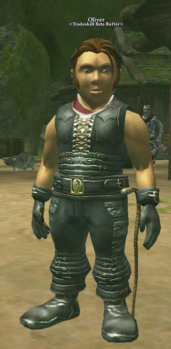 Oliver, the Halfling wears a black sleeveless outfit with gold buckles. His hair is brown and a whisp drops into his fair face. 