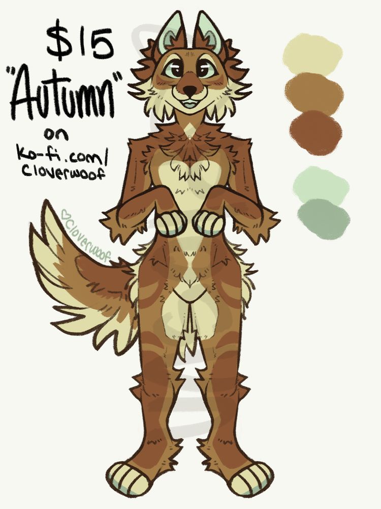 digital art of an adoptable furry character, a brown and ivory canine character with light green accent colors
text on screen reads: $15 "autumn" on ko-fi.com/cloverwoof