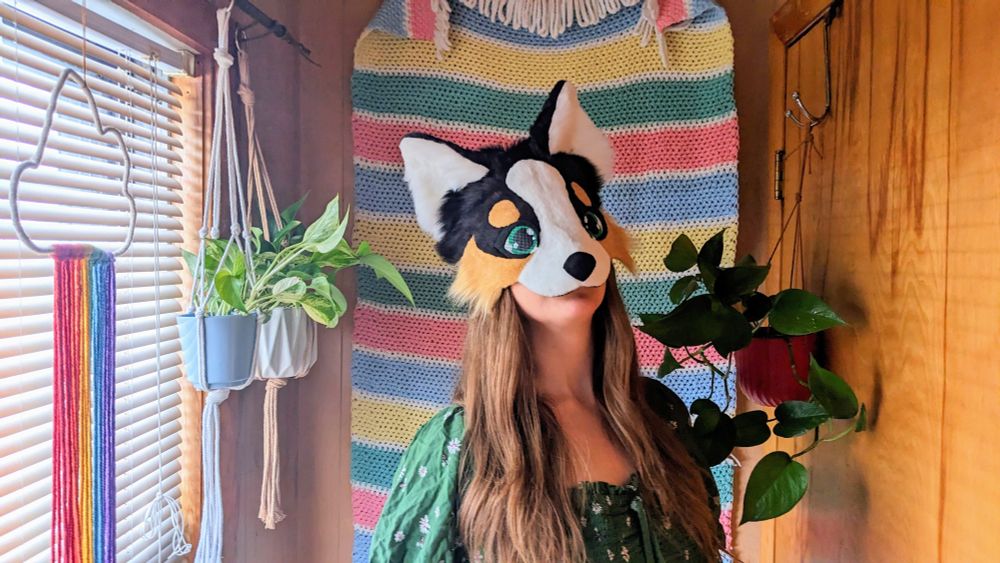 a black tri color austrialian shepherd therian mask with green eyes being worn by a critter with long brown hair. she is standing in front of a horizontal striped crochet blanket wall hanging and there are potted pothos plants hanging on either side of her.