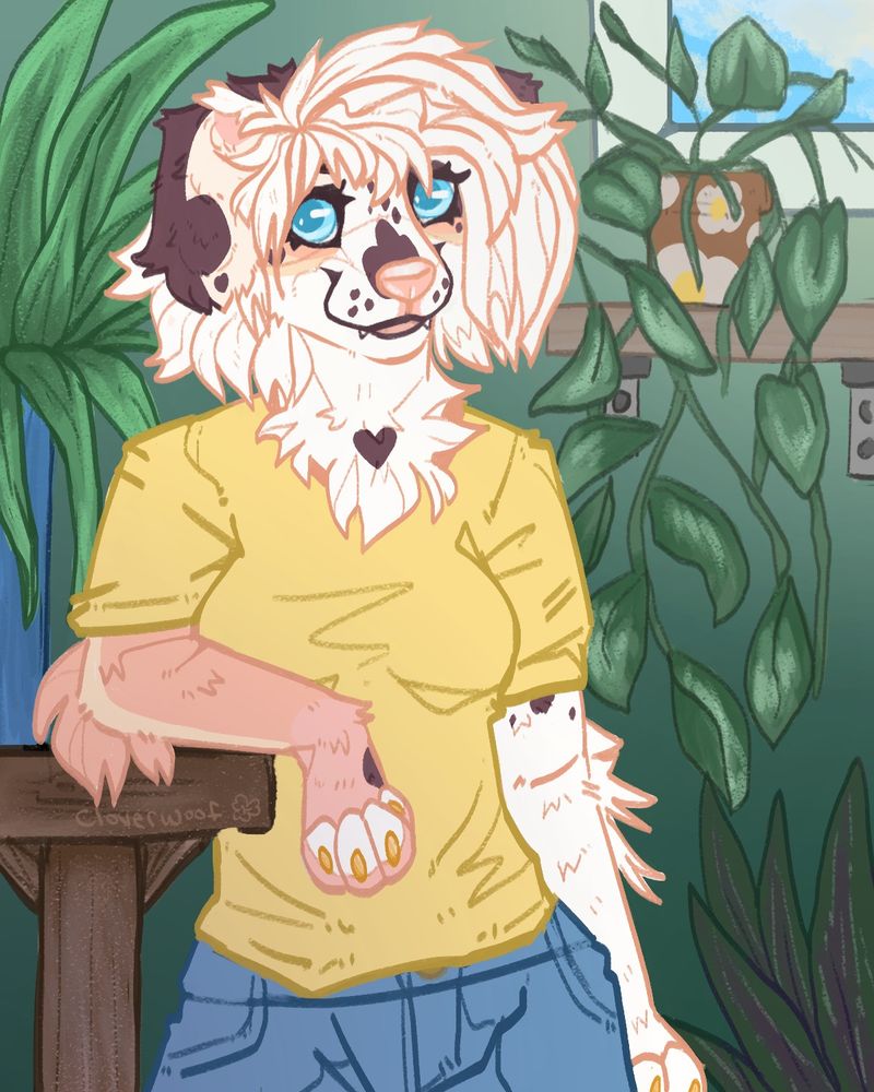 Digital art of a merle border collie character leaning on a wooden table surrounded by houseplants

Character belongs to @/retro-collie
