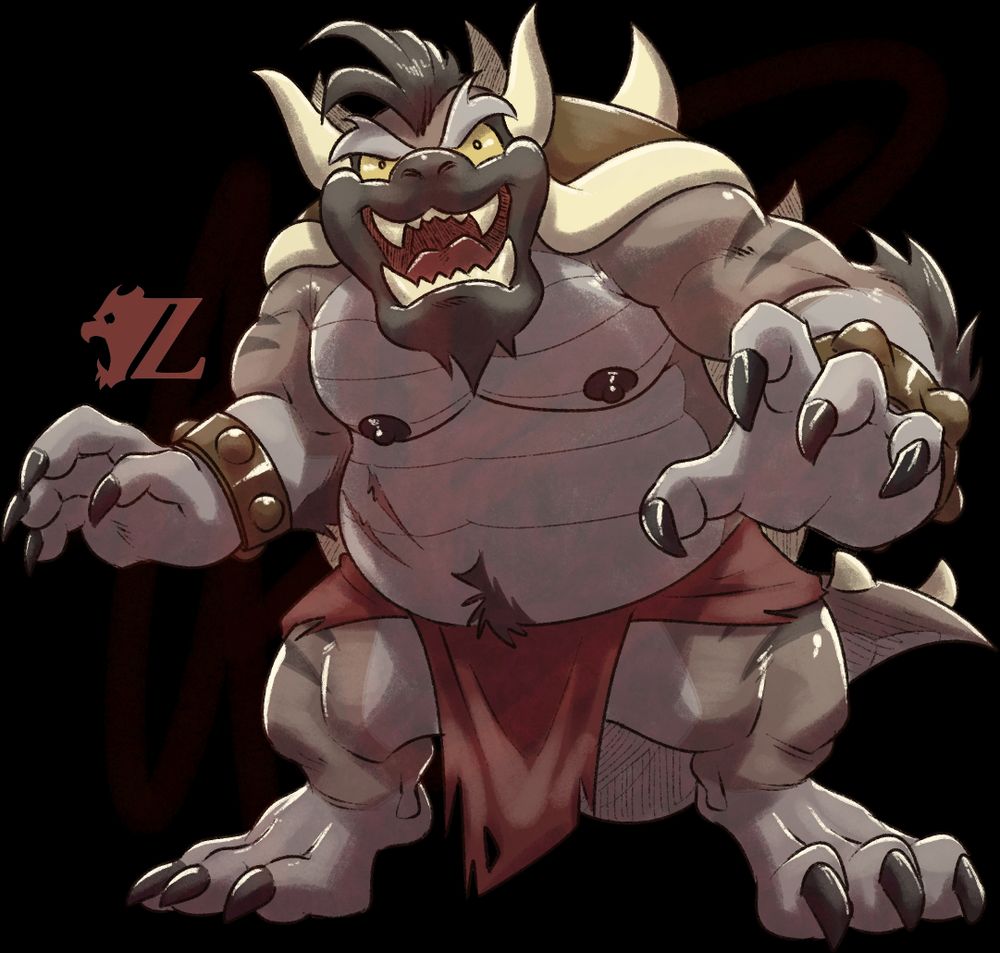 The image shows a muscular gnoll transformed in to the style of Bowser Koopa from the Super Mario series. He has a large spiked shell, big paws with big black claws, sharp teeth, a wild black mane. He sports a tattered red loincloth to keep him civil. His stance is wide and intimidating, with arms outstretched and a fierce fang-filled grin. He's gonna get ya.