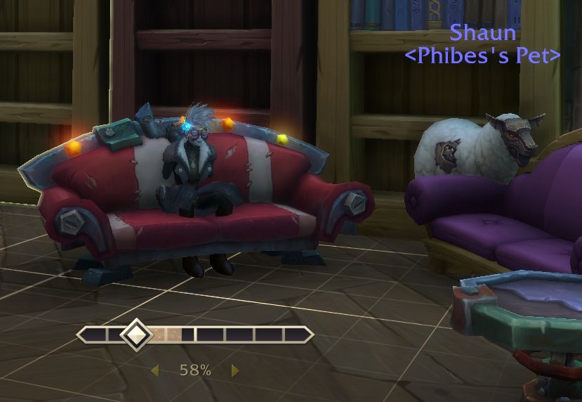 World of Warcraft screenshot showing an improbably placed sitting point on a crafted sofa. The character is clipping right into the sofa, her legs are inside the sofa and her back i spoking through the back. Her trusty hunter's pet Shaun the Sheep is clipping into the next sofa, althuogh he looks perfectly ok with that. 