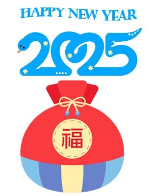 Cartoon image of a snake in the shape of "2025" with a new years' blessing bag below it and the words "Happy New Year" above it