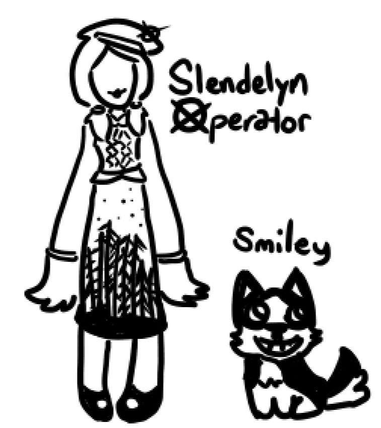 a long-limbed, no-faced girl in a sweater vest and a forest print skirt, labeled "Slendelyn Operator." A husky with a smile is beside her labeled "Smiley."