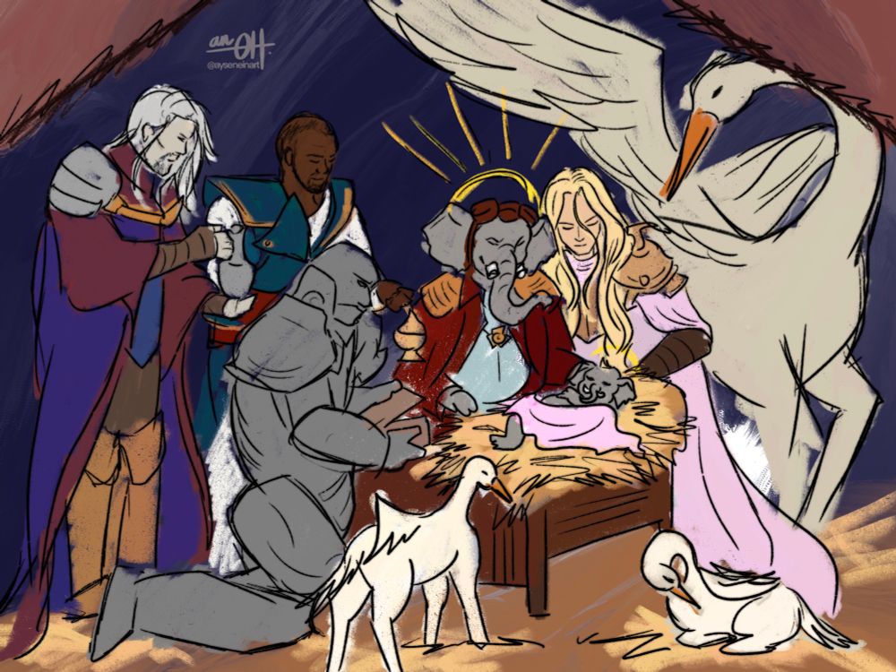 A sketchy drawing of a Nativity scene but featuring Quintorius and Thalia with their newborn and Urza, Teferi, and Karn as the Wise Men.  