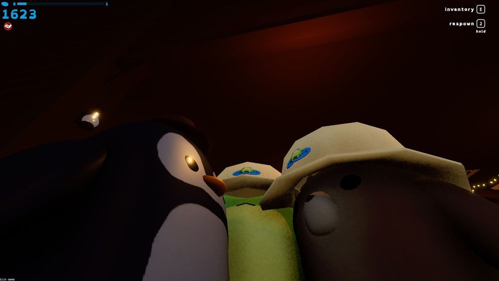 A penguin, a bear and a frog whispering to each other.
