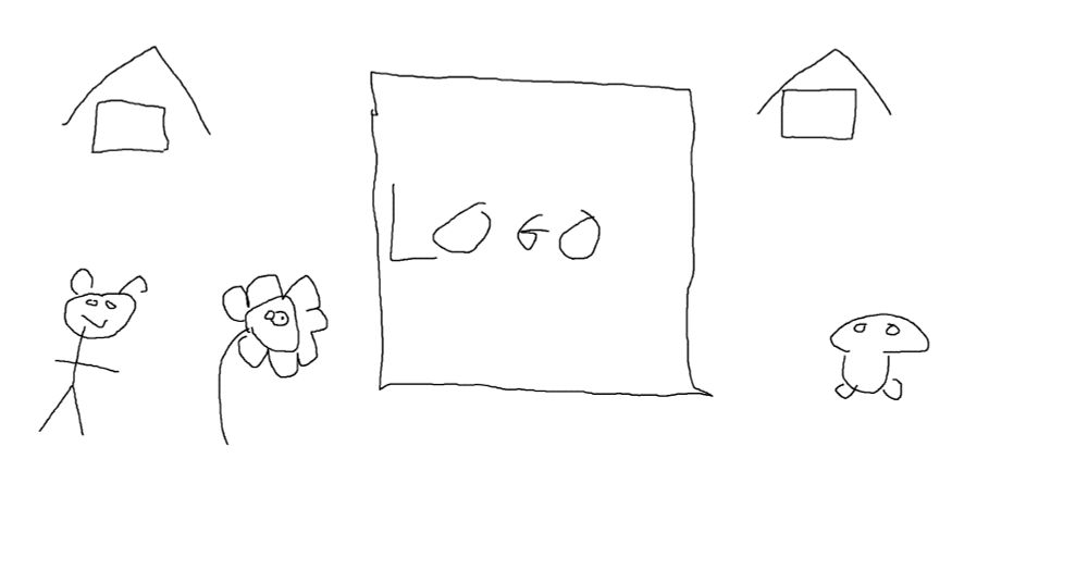 Really bad sketch of a rabbit, a flower, houses and a raccoon on either side of the game logo