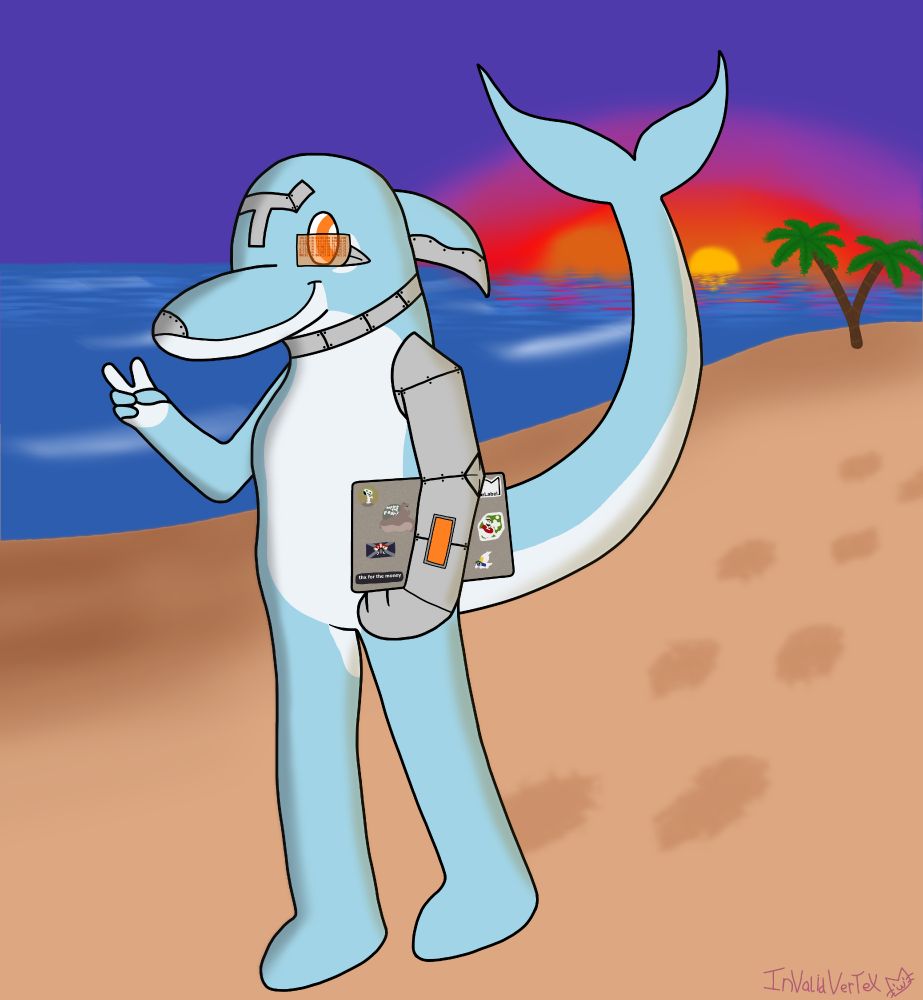 An anthropomorphic dolphin walking on a beach during a colorful sunset. They're looking at the viewer, giving the peace sign and holding a laptop covered in stickers.