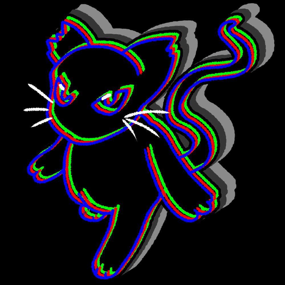 Art by gaofangs.bsky.social

A digital illustration of an all black cat, their outline is split into red, green, and blue
