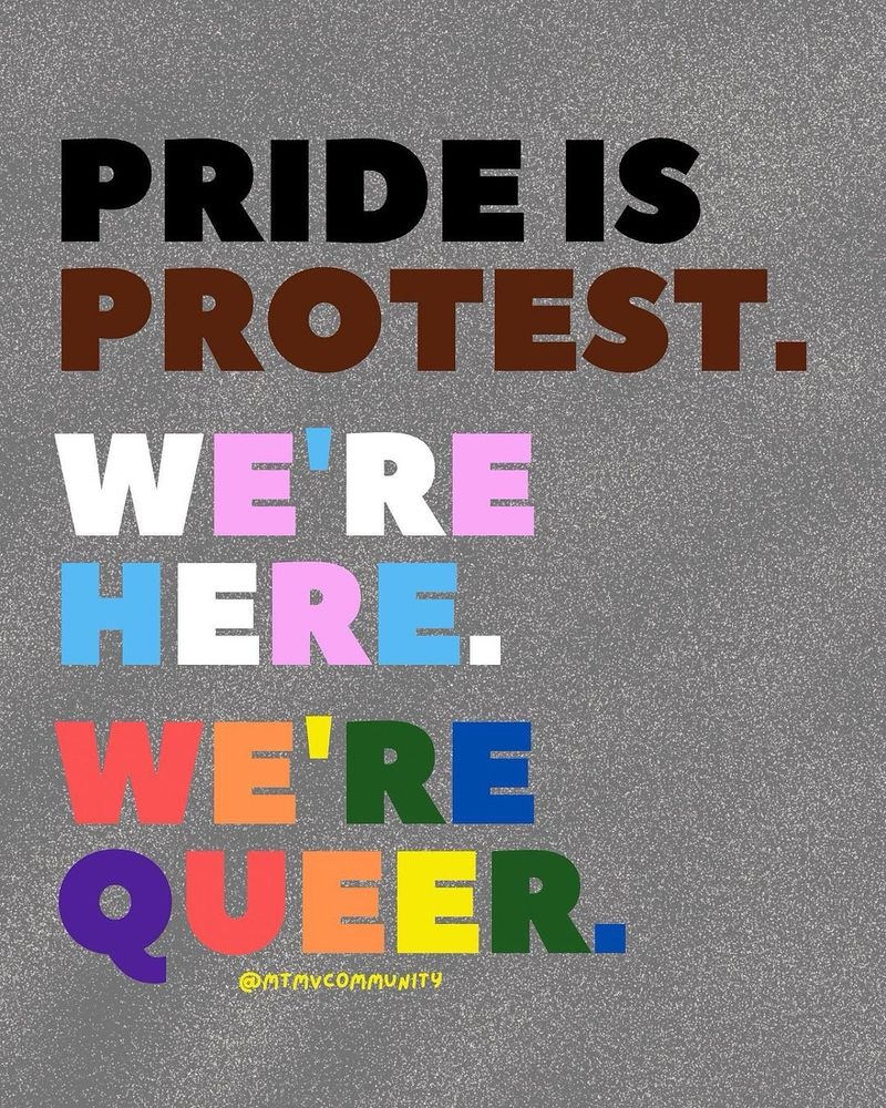 Grey background with text in different colors. “Pride is protest” is in black and brown. “We’re here” is in alternating white, pink, and blue. “We’re queer”, is in alternating red, orange, yellow, green, blue, indigo. End description.