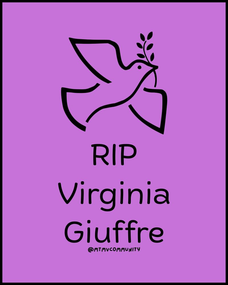 Purple background with text that reads, RIP Virginia Giuffre. There is a graphic outline of a dove.